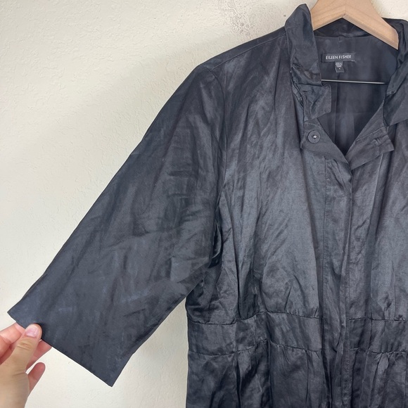 Eileen Fisher Satin Metallic Snap Front Ruffle Neck Dress in Black Size Large - Picture 4 of 7